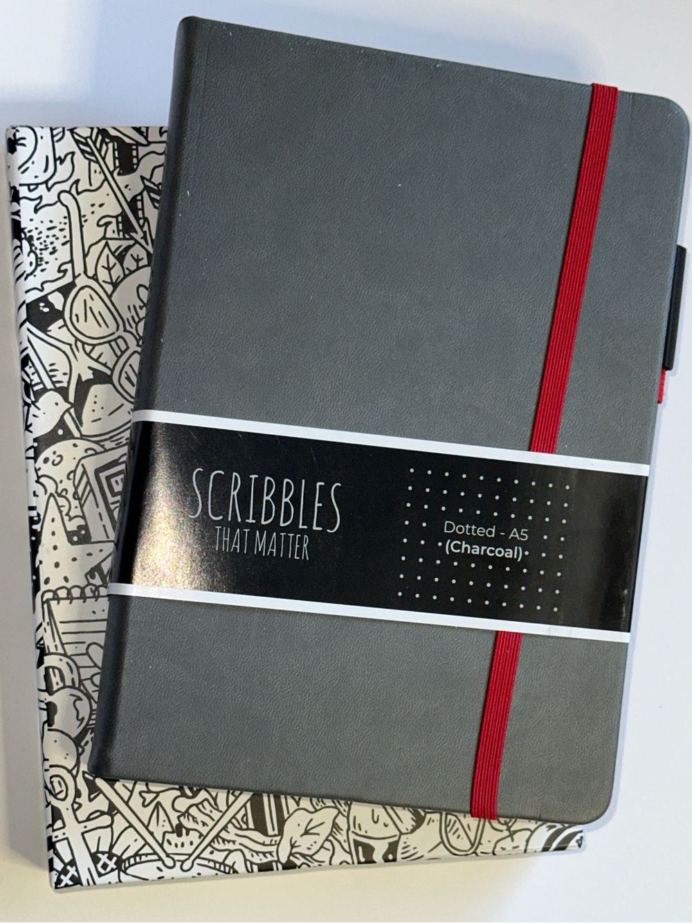 Charcoal Dotted A5 Notebook with Red Elastic Scribbles That Matter